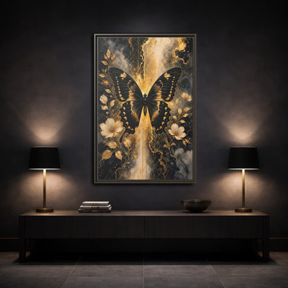 Mockup 3. Nature Butterfly Black And Gold shown as stretched canvas wall art