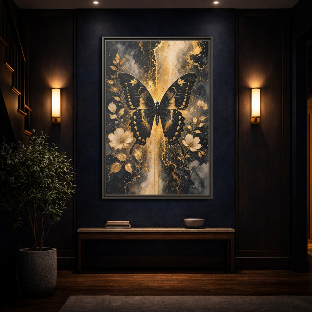 Mockup 4. Nature Butterfly Black And Gold shown as stretched canvas wall art
