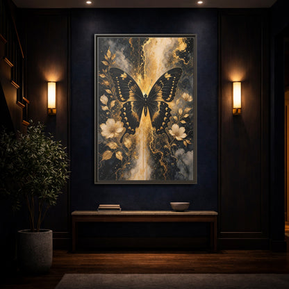 Mockup 4. Nature Butterfly Black And Gold shown as stretched canvas wall art