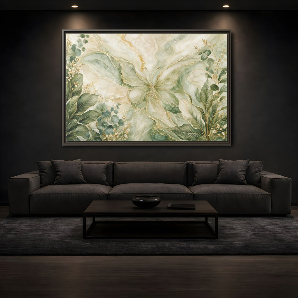 Mockup 3. Nature Butterfly Green Gold Abstract shown as stretched canvas wall art