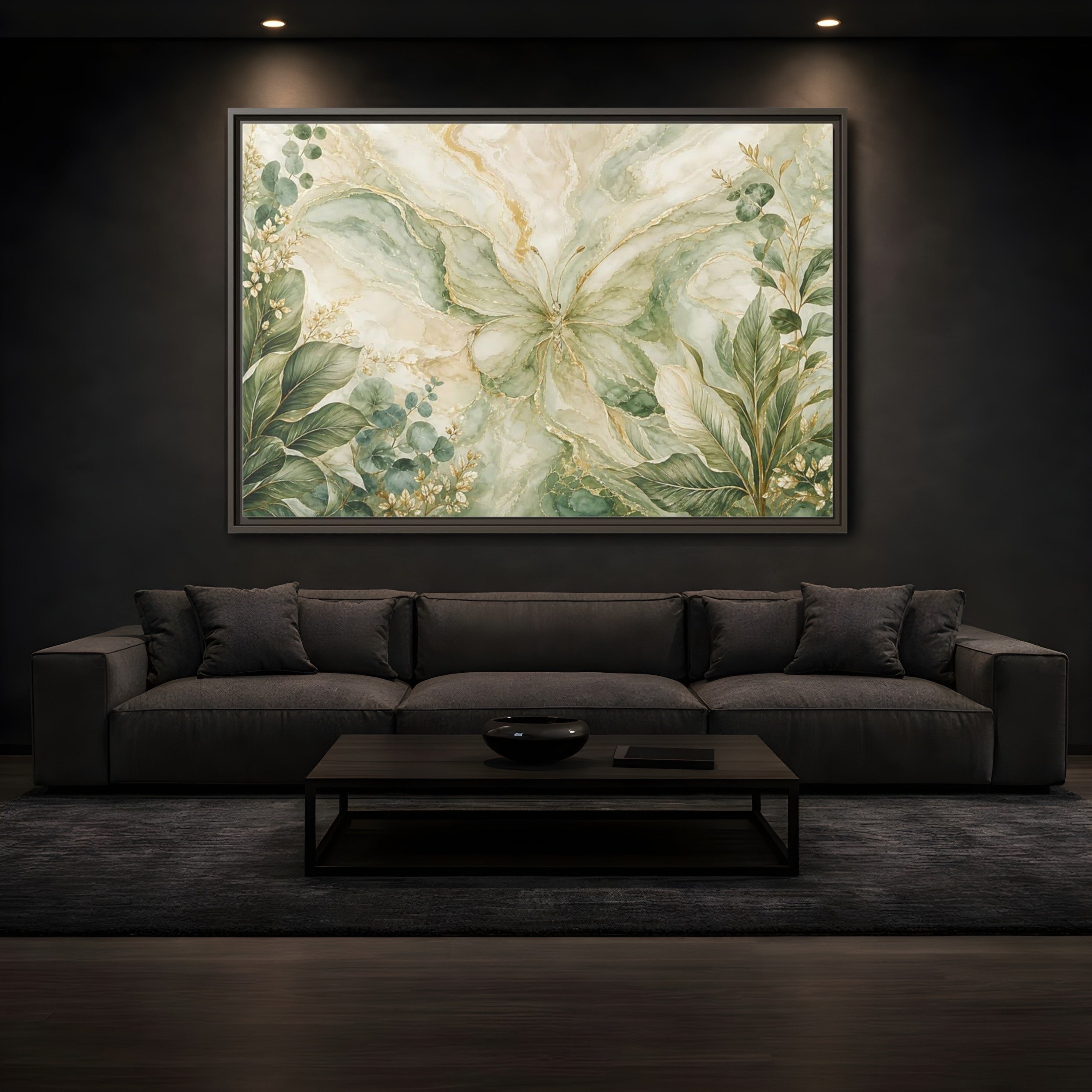 Mockup 3. Nature Butterfly Green Gold Abstract shown as stretched canvas wall art