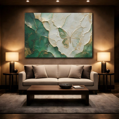 Mockup 2. Nature Butterfly Green Gold shown as stretched canvas wall art