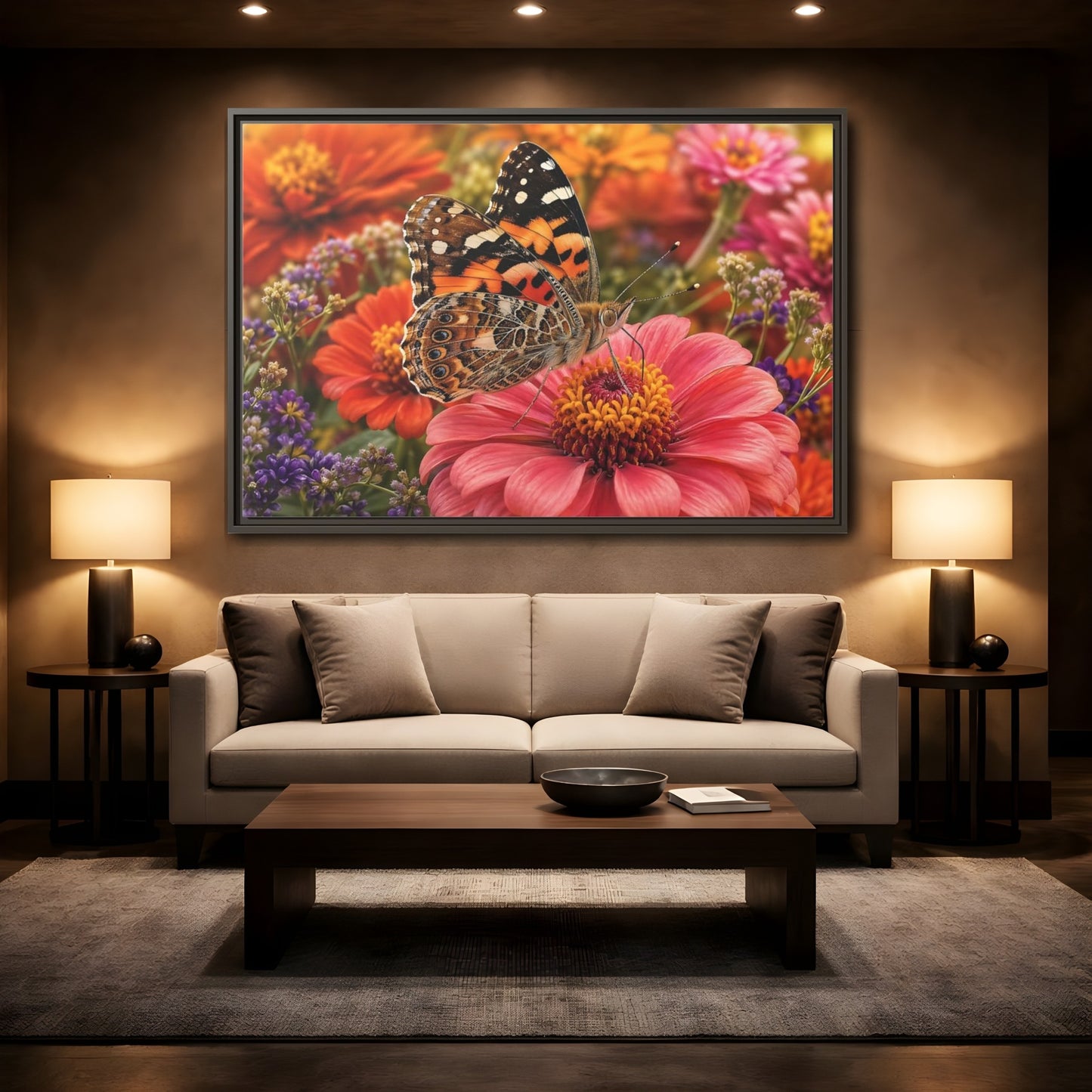 Mockup 2. Nature Butterfly Orange Butterfly Pink Flower shown as stretched canvas wall art