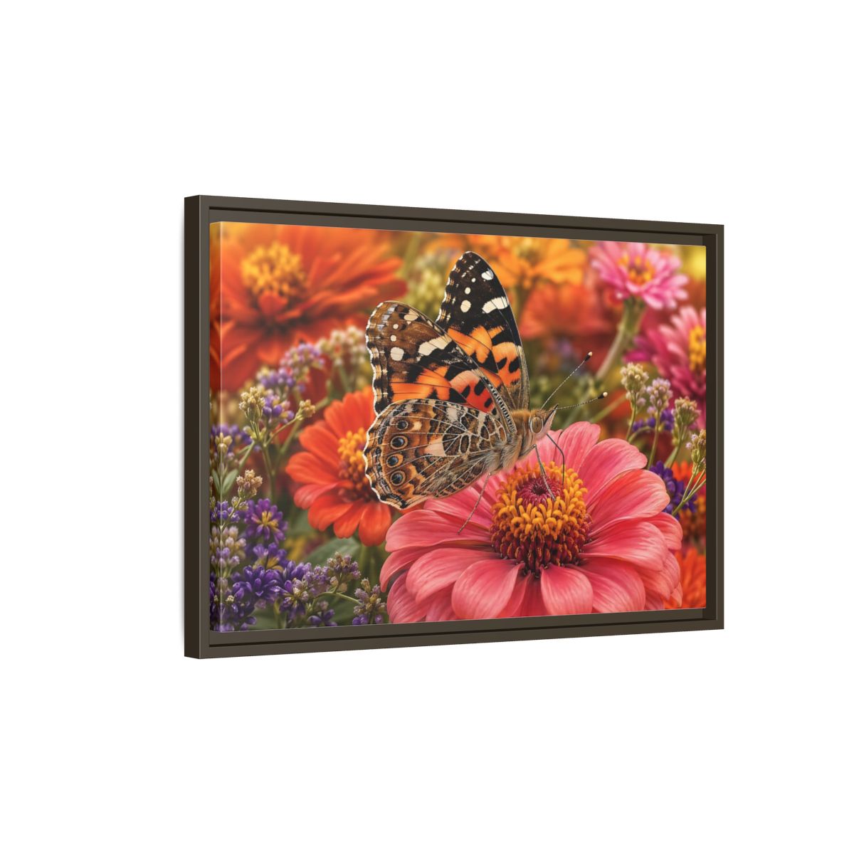 Side Mockup 2. Nature Butterfly Orange Butterfly Pink Flower shown as stretched canvas wall art