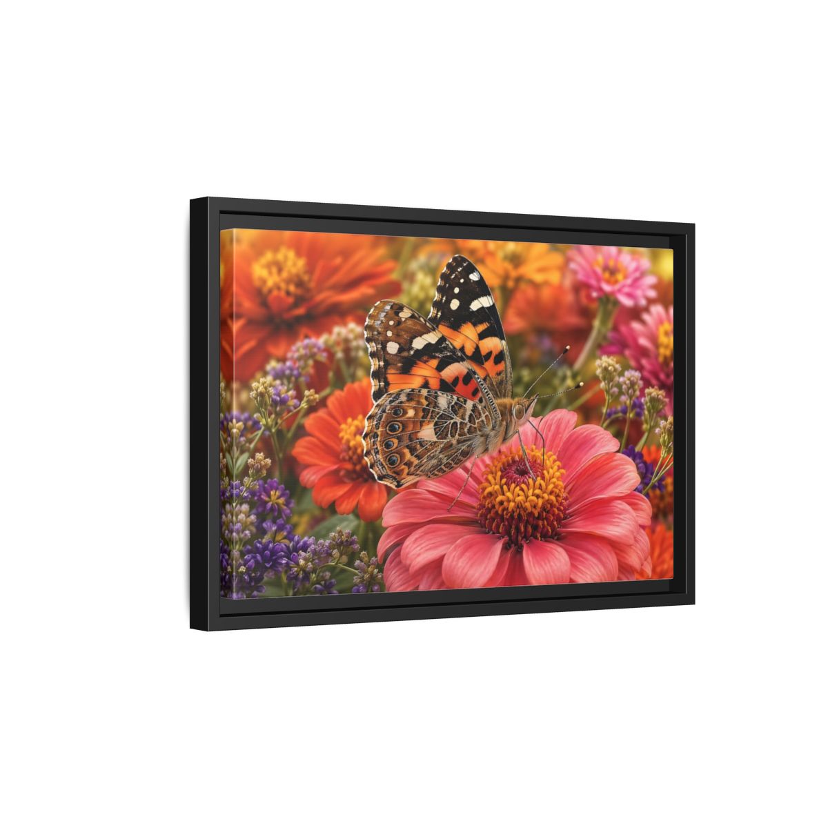 Side Mockup 6. Nature Butterfly Orange Butterfly Pink Flower shown as stretched canvas wall art