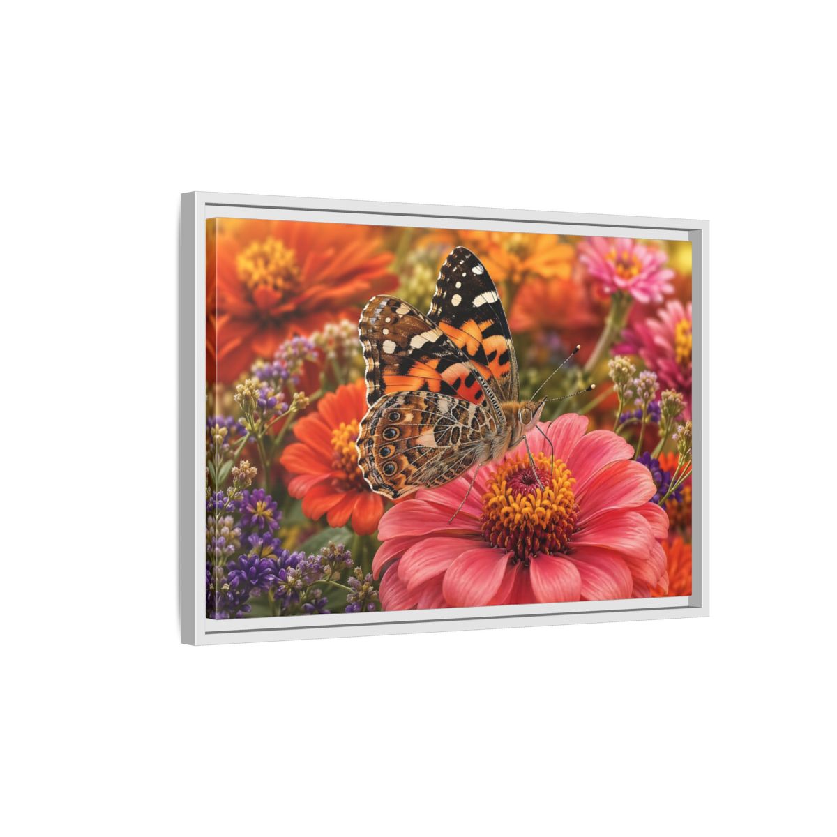Side Mockup 1. Nature Butterfly Orange Butterfly Pink Flower shown as stretched canvas wall art