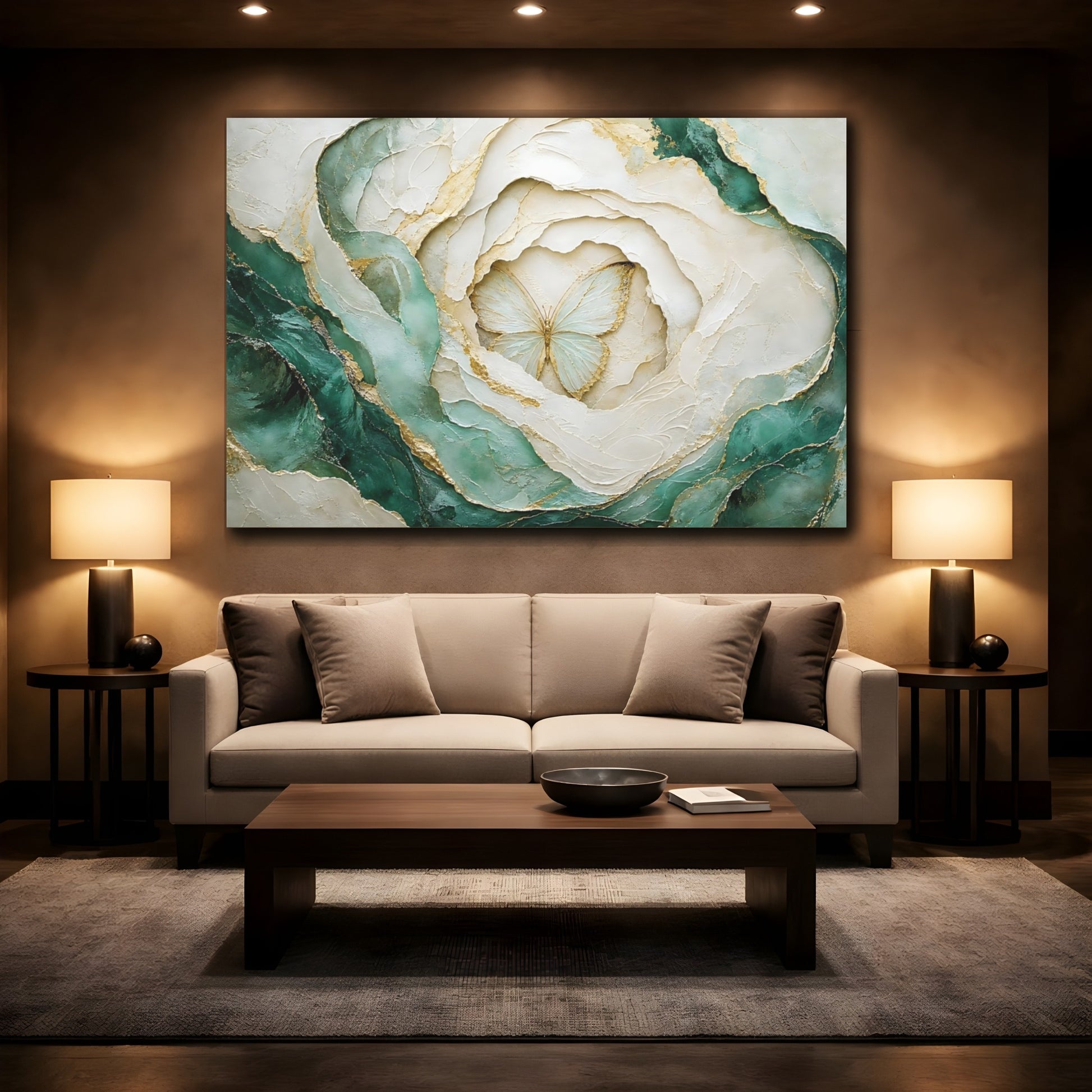 Mockup 2. Nature Butterfly Teal Gold Butterfly shown as stretched canvas wall art
