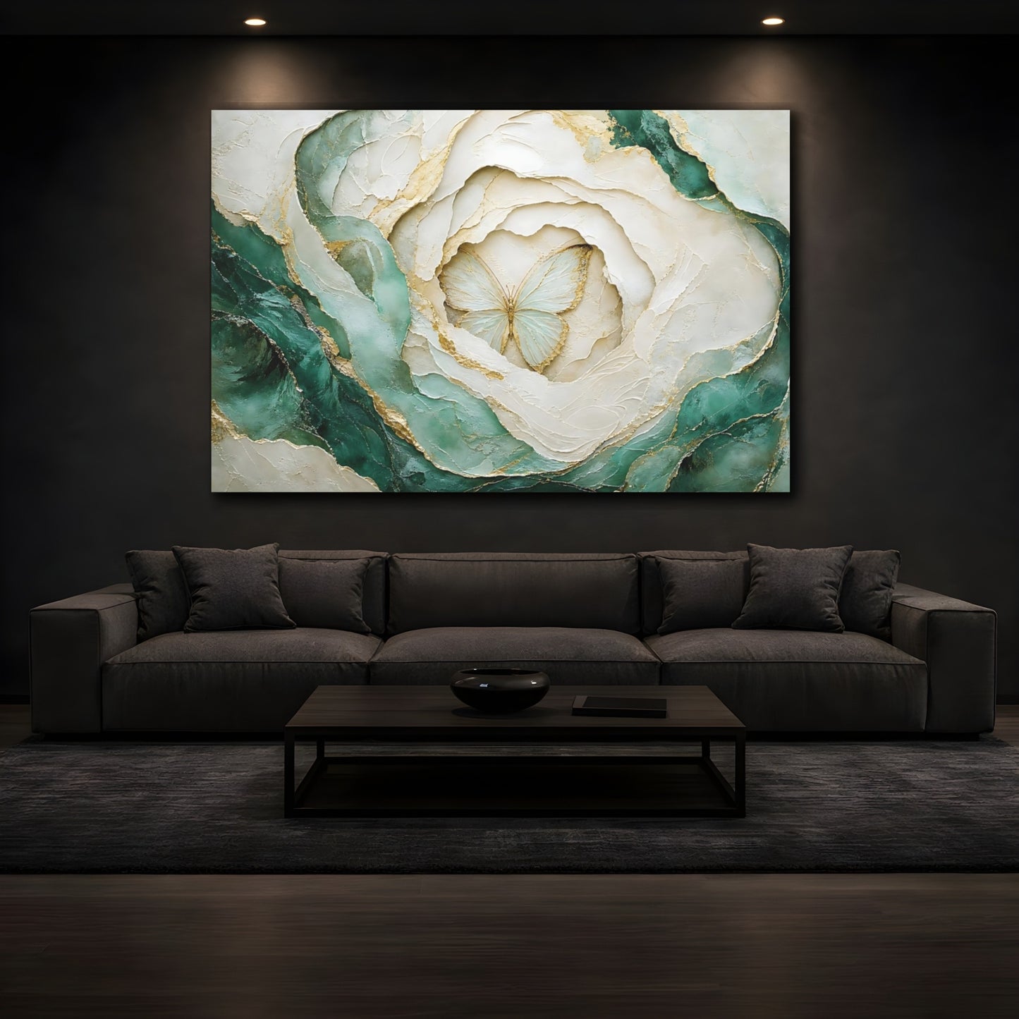Mockup 3. Nature Butterfly Teal Gold Butterfly shown as stretched canvas wall art