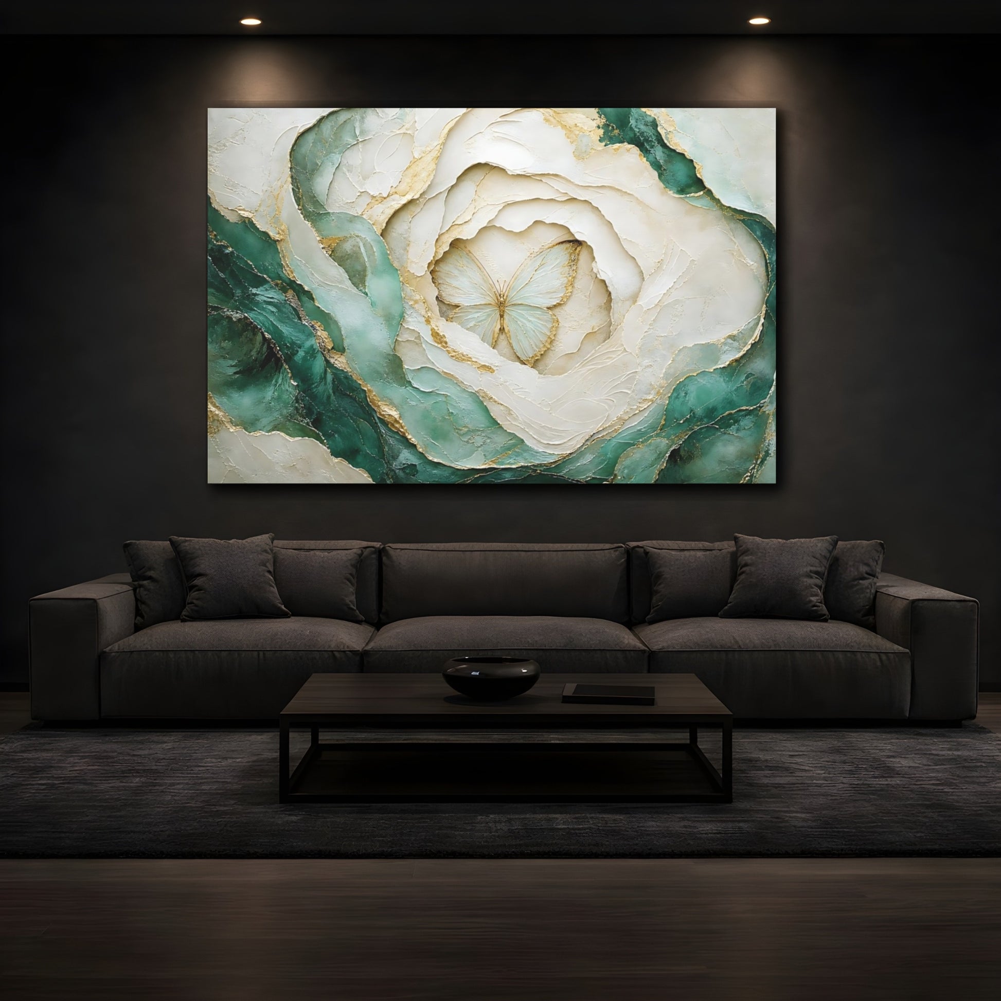 Mockup 3. Nature Butterfly Teal Gold Butterfly shown as stretched canvas wall art
