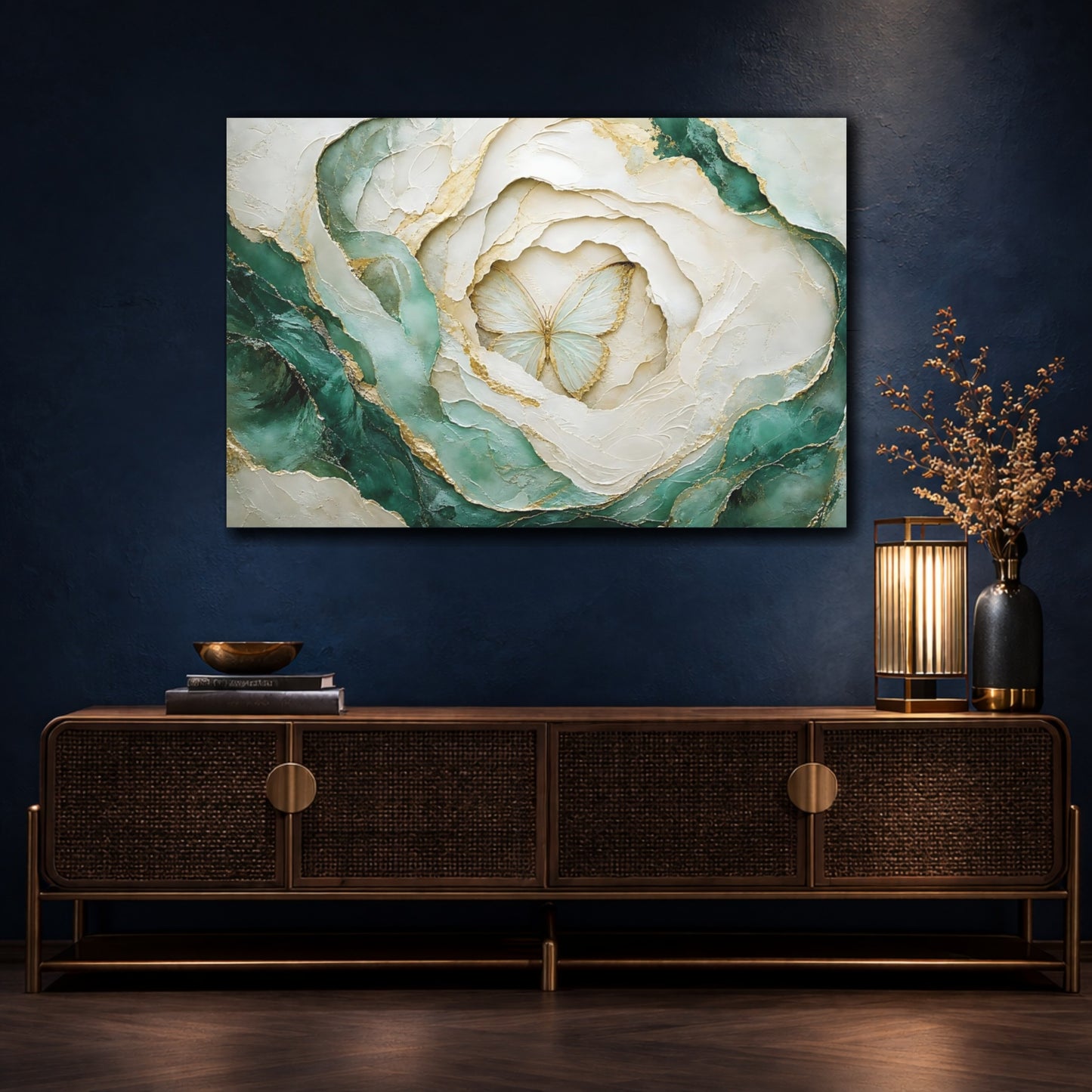 Mockup 4. Nature Butterfly Teal Gold Butterfly shown as stretched canvas wall art