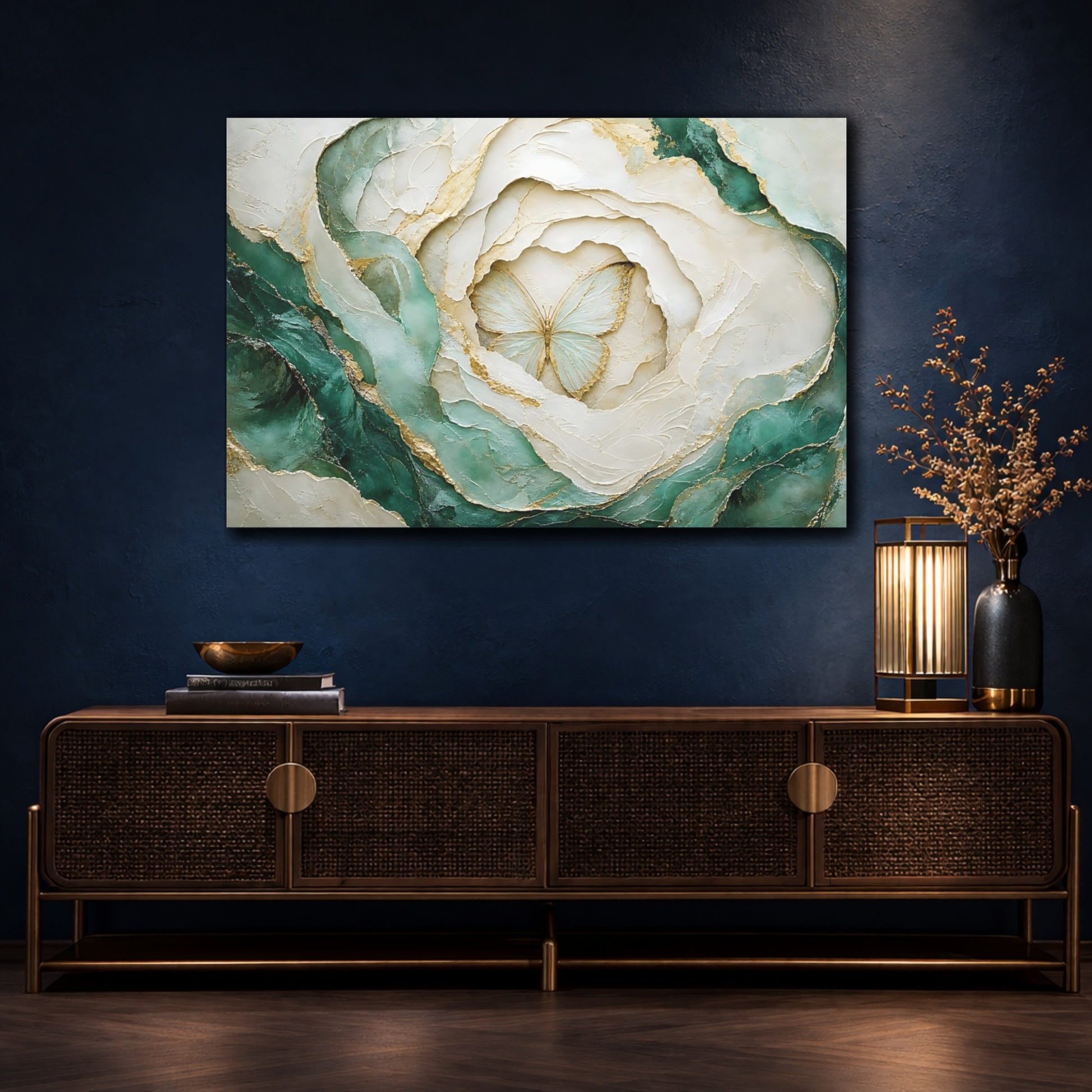 Mockup 4. Nature Butterfly Teal Gold Butterfly shown as stretched canvas wall art