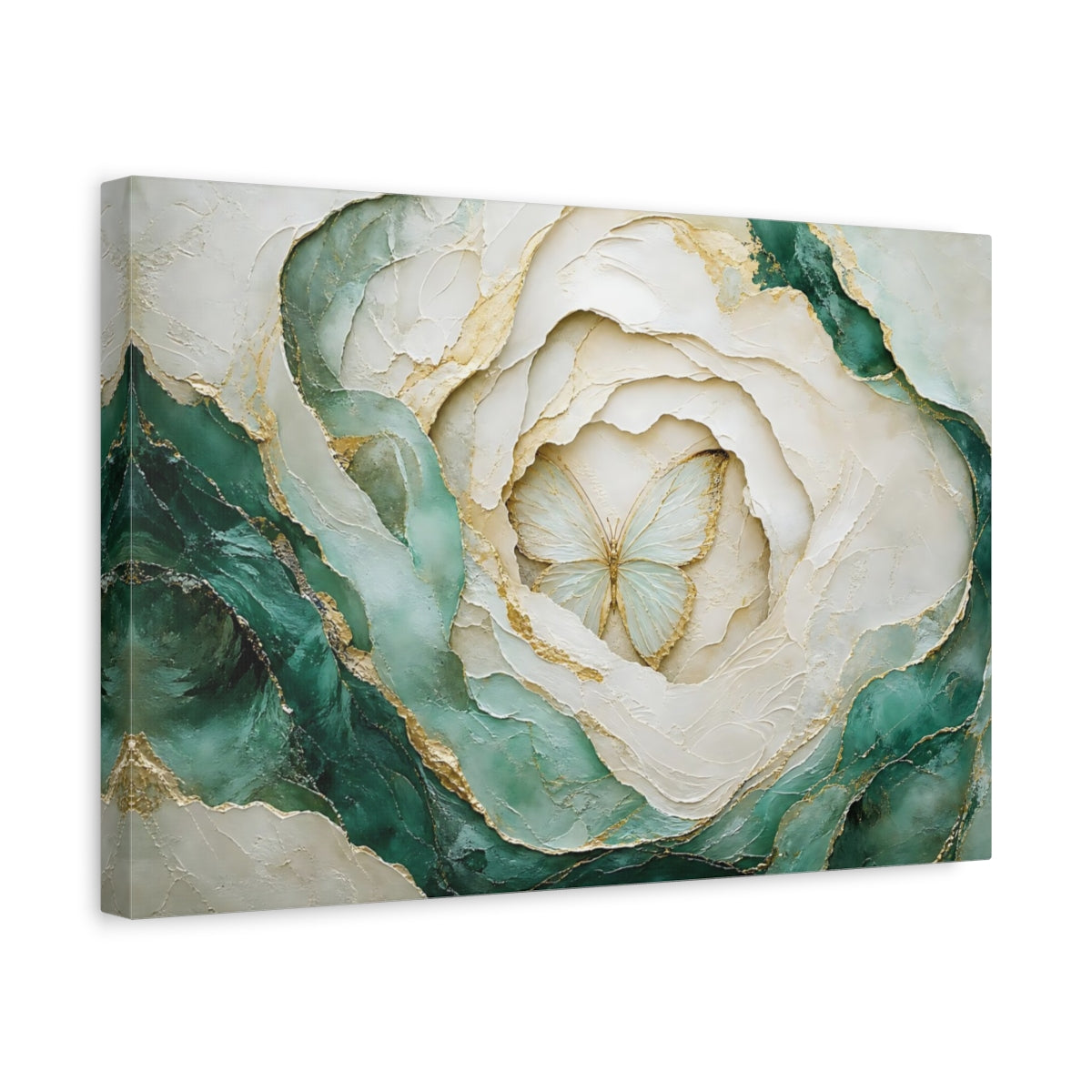 Side Mockup 4. Nature Butterfly Teal Gold Butterfly shown as stretched canvas wall art