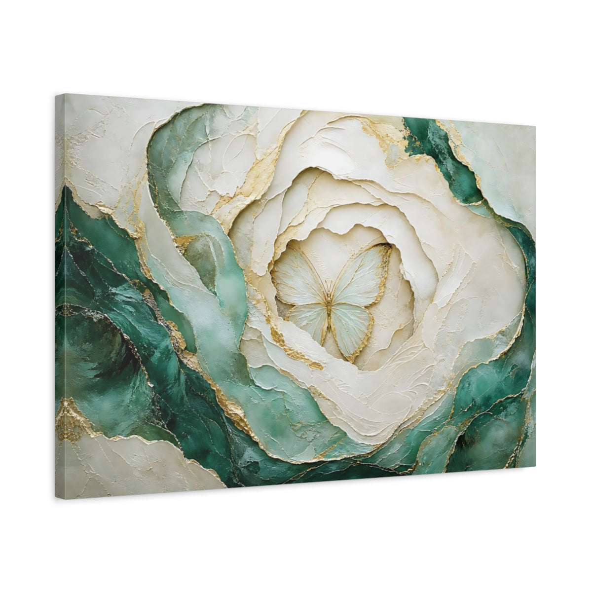 Side Mockup 2. Nature Butterfly Teal Gold Butterfly shown as stretched canvas wall art