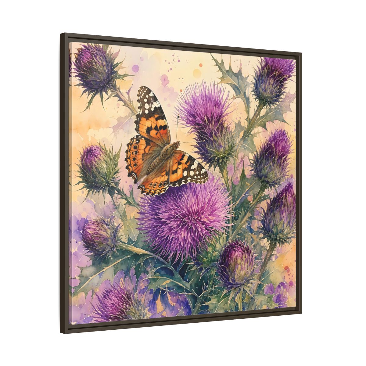 Main Mockup. Nature Butterfly Thistle Purple Butterfly Floral shown as stretched canvas wall art