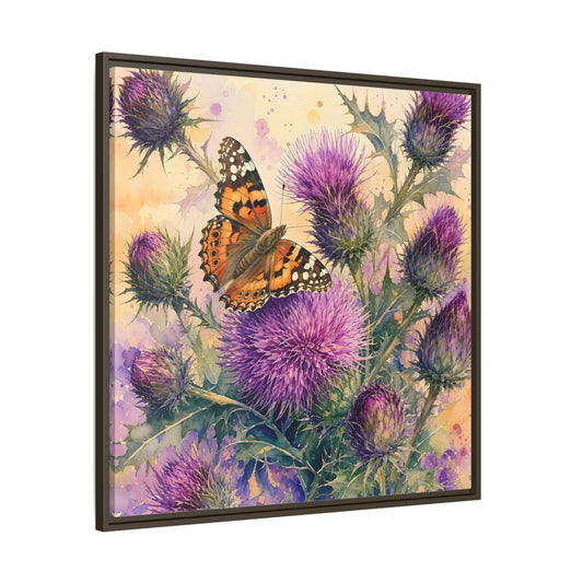 Main Mockup. Nature Butterfly Thistle Purple Butterfly Floral shown as stretched canvas wall art