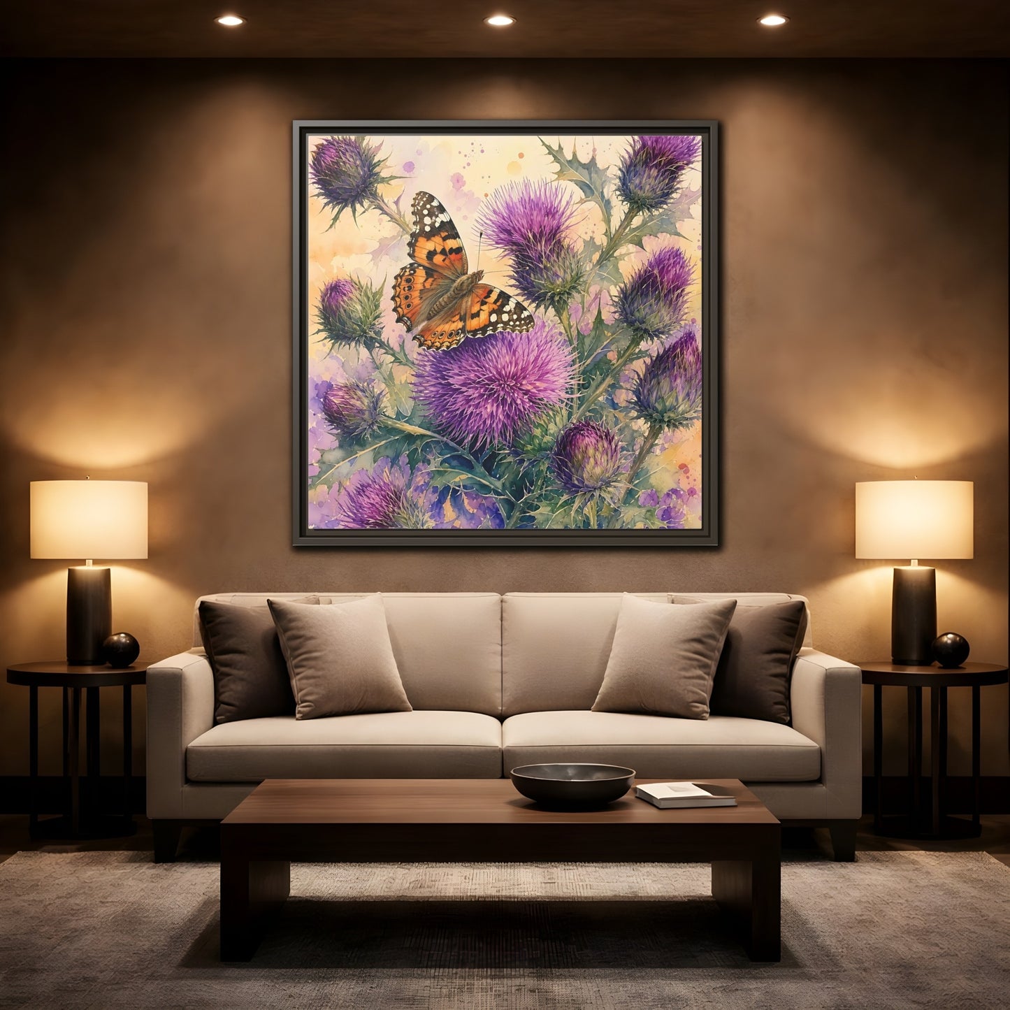Mockup 2. Nature Butterfly Thistle Purple Butterfly Floral shown as stretched canvas wall art