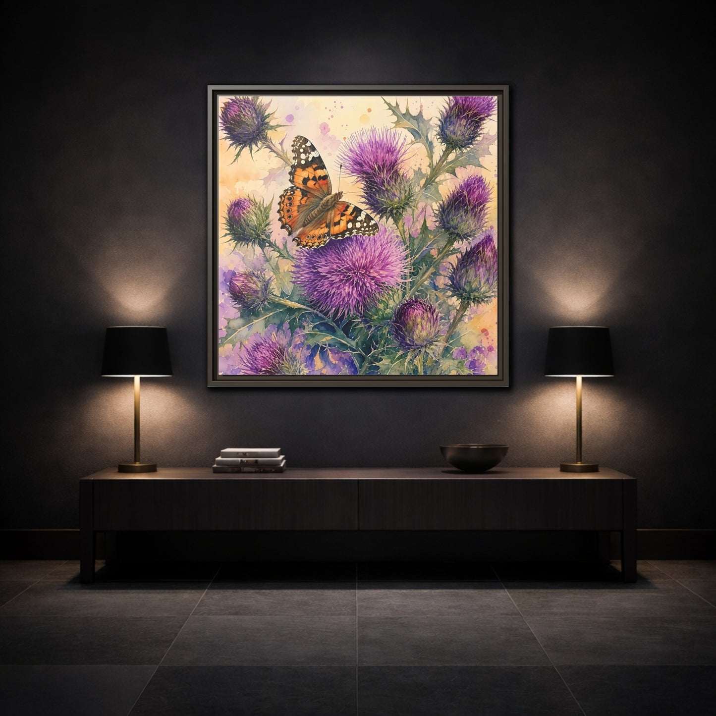 Mockup 3. Nature Butterfly Thistle Purple Butterfly Floral shown as stretched canvas wall art