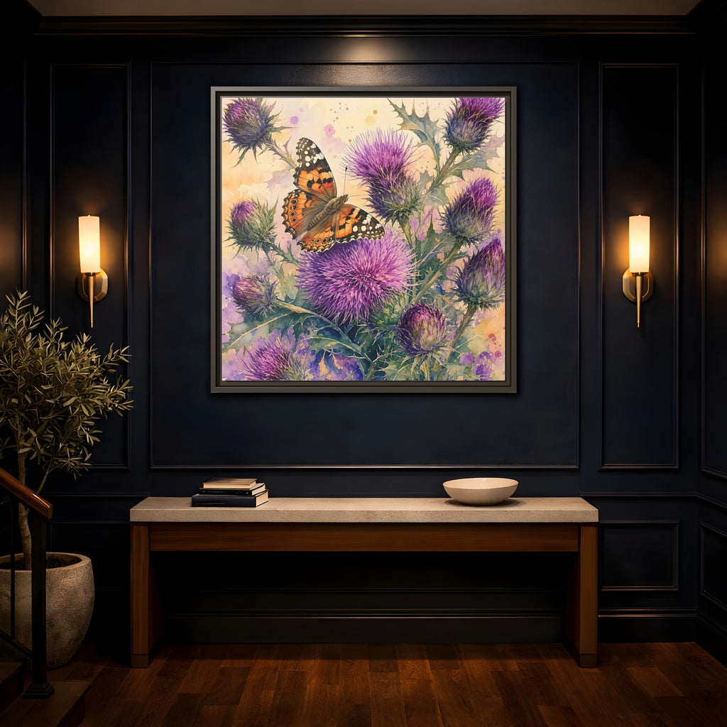 Mockup 4. Nature Butterfly Thistle Purple Butterfly Floral shown as stretched canvas wall art