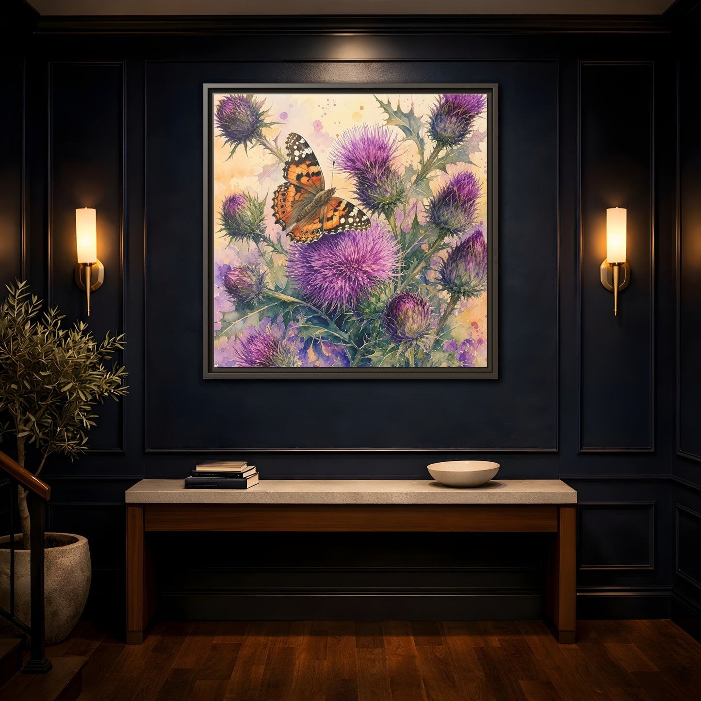 Mockup 4. Nature Butterfly Thistle Purple Butterfly Floral shown as stretched canvas wall art