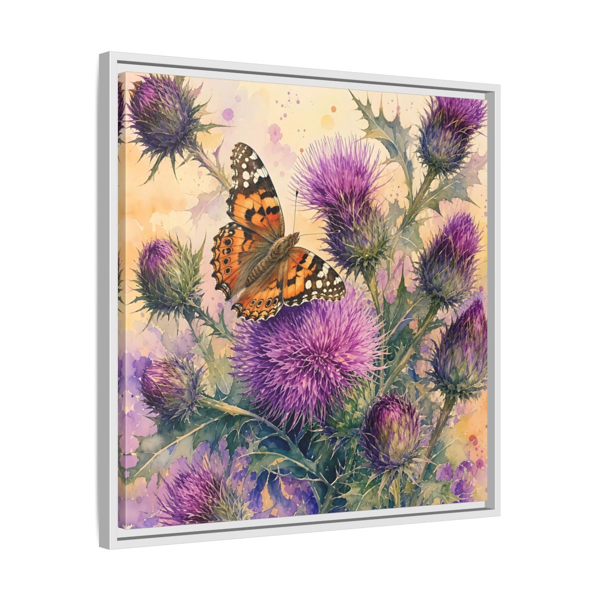 Side Mockup 26. Nature Butterfly Thistle Purple Butterfly Floral shown as stretched canvas wall art