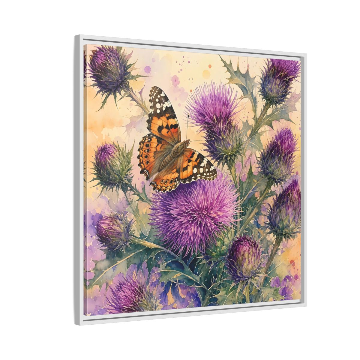 Side Mockup 7. Nature Butterfly Thistle Purple Butterfly Floral shown as stretched canvas wall art