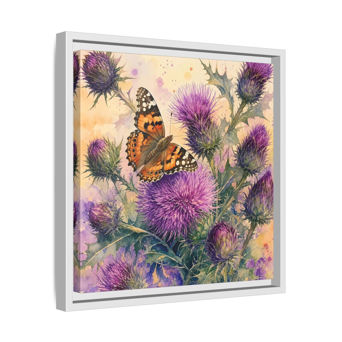 Side Mockup 28. Nature Butterfly Thistle Purple Butterfly Floral shown as stretched canvas wall art
