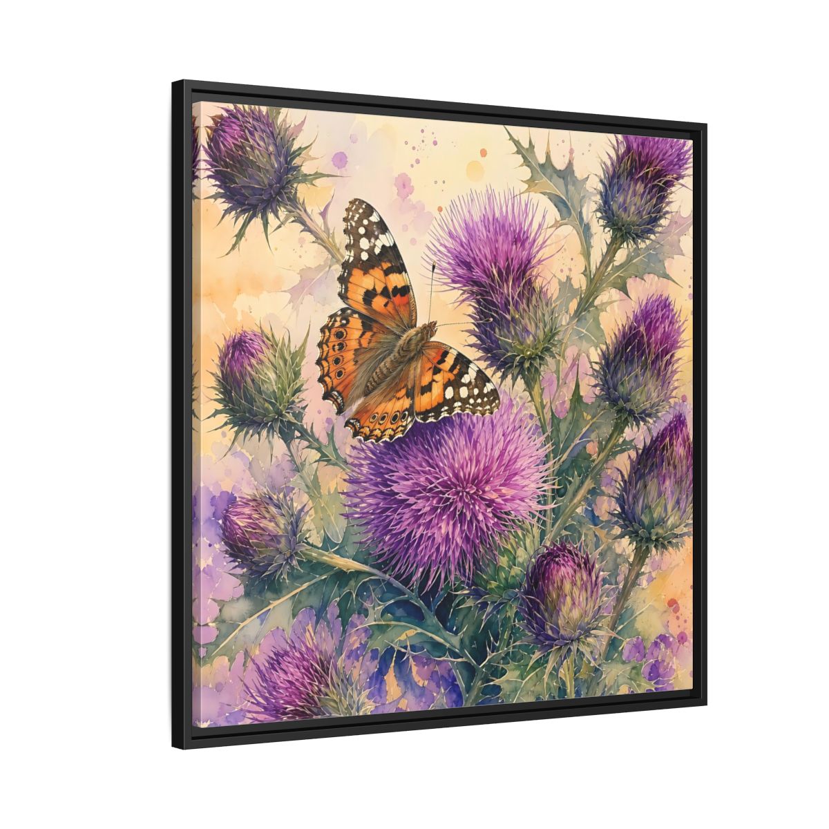 Side Mockup 9. Nature Butterfly Thistle Purple Butterfly Floral shown as stretched canvas wall art