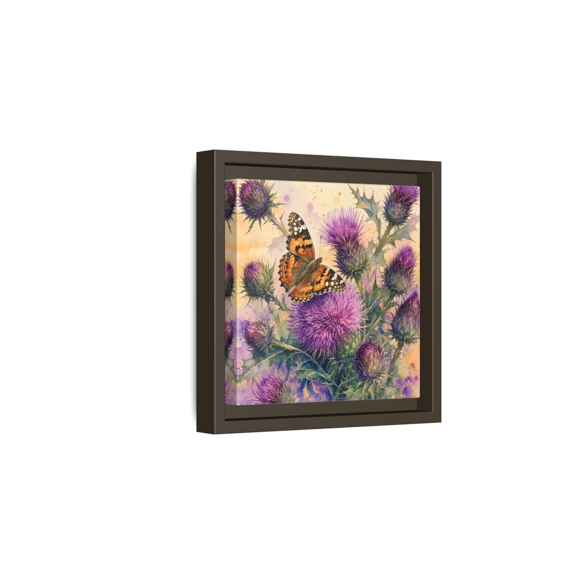 Side Mockup 2. Nature Butterfly Thistle Purple Butterfly Floral shown as stretched canvas wall art