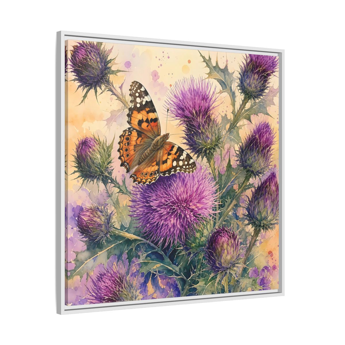 Side Mockup 25. Nature Butterfly Thistle Purple Butterfly Floral shown as stretched canvas wall art