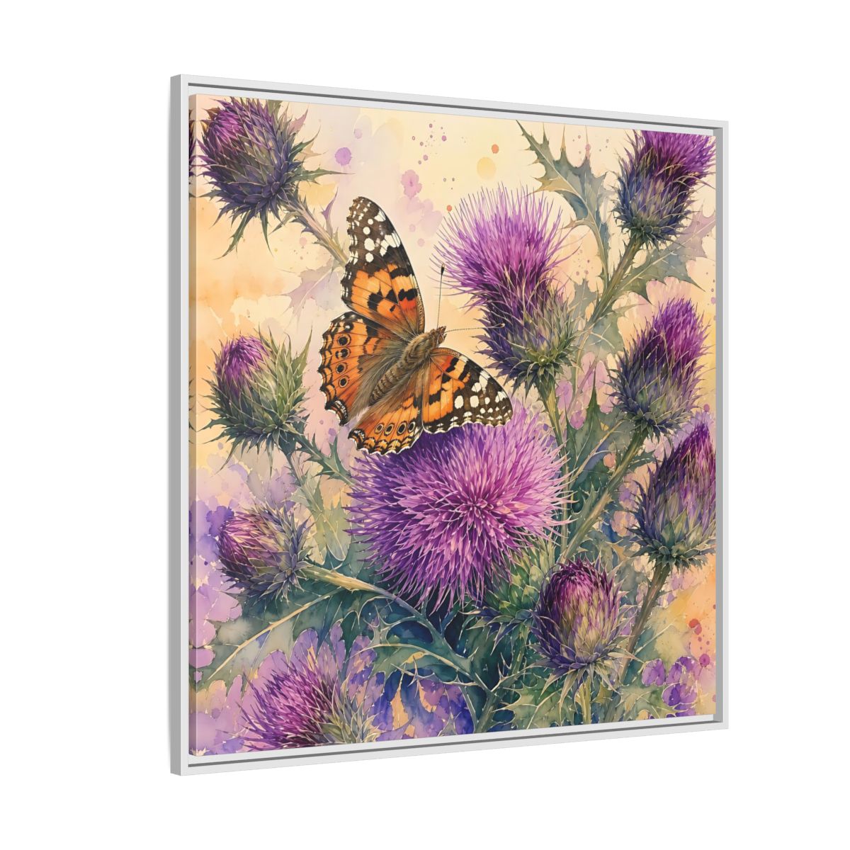 Side Mockup 4. Nature Butterfly Thistle Purple Butterfly Floral shown as stretched canvas wall art