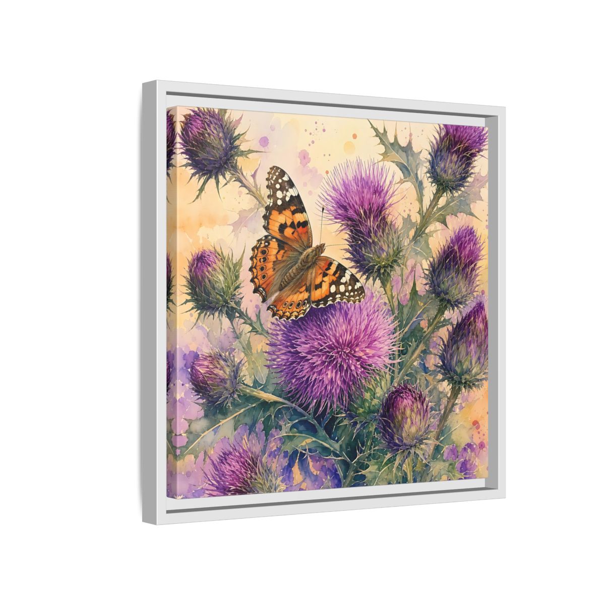 Side Mockup 13. Nature Butterfly Thistle Purple Butterfly Floral shown as stretched canvas wall art