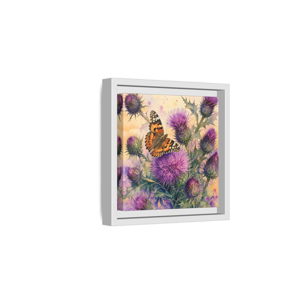 Side Mockup 1. Nature Butterfly Thistle Purple Butterfly Floral shown as stretched canvas wall art