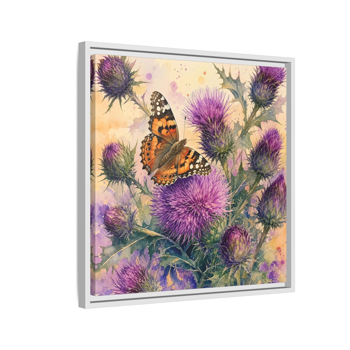 Side Mockup 10. Nature Butterfly Thistle Purple Butterfly Floral shown as stretched canvas wall art
