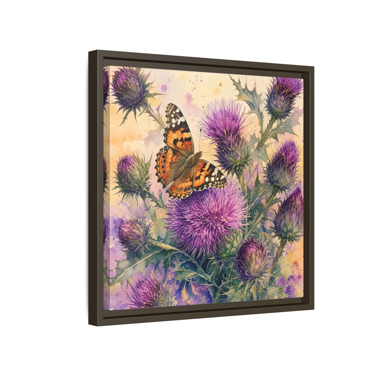 Side Mockup 14. Nature Butterfly Thistle Purple Butterfly Floral shown as stretched canvas wall art