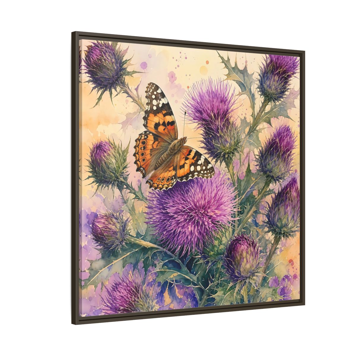 Side Mockup 5. Nature Butterfly Thistle Purple Butterfly Floral shown as stretched canvas wall art