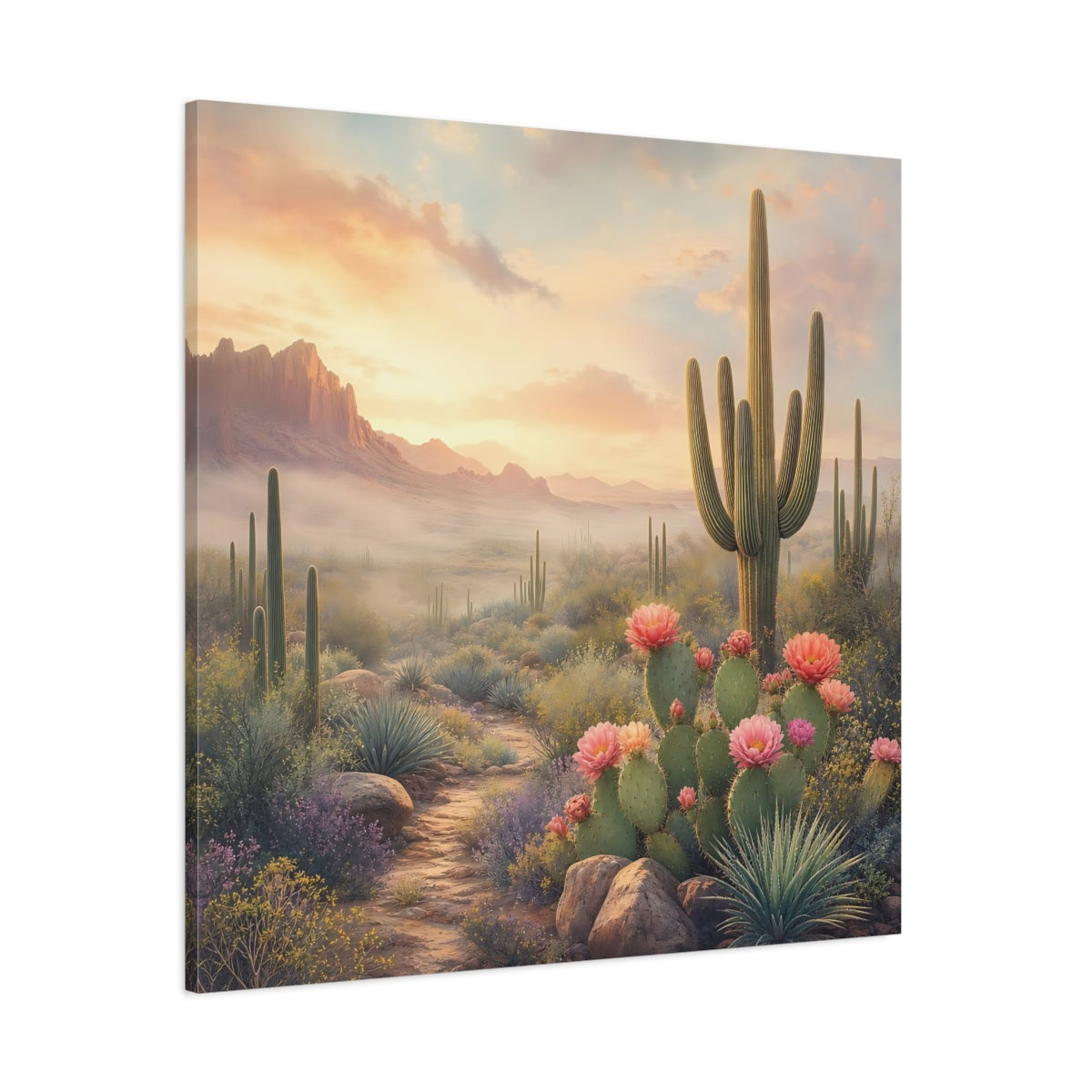 Side Mockup 1. Nature Cactus Field Desert Sunset shown as stretched canvas wall art