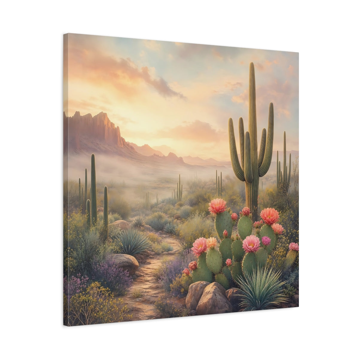 Side Mockup 3. Nature Cactus Field Desert Sunset shown as stretched canvas wall art