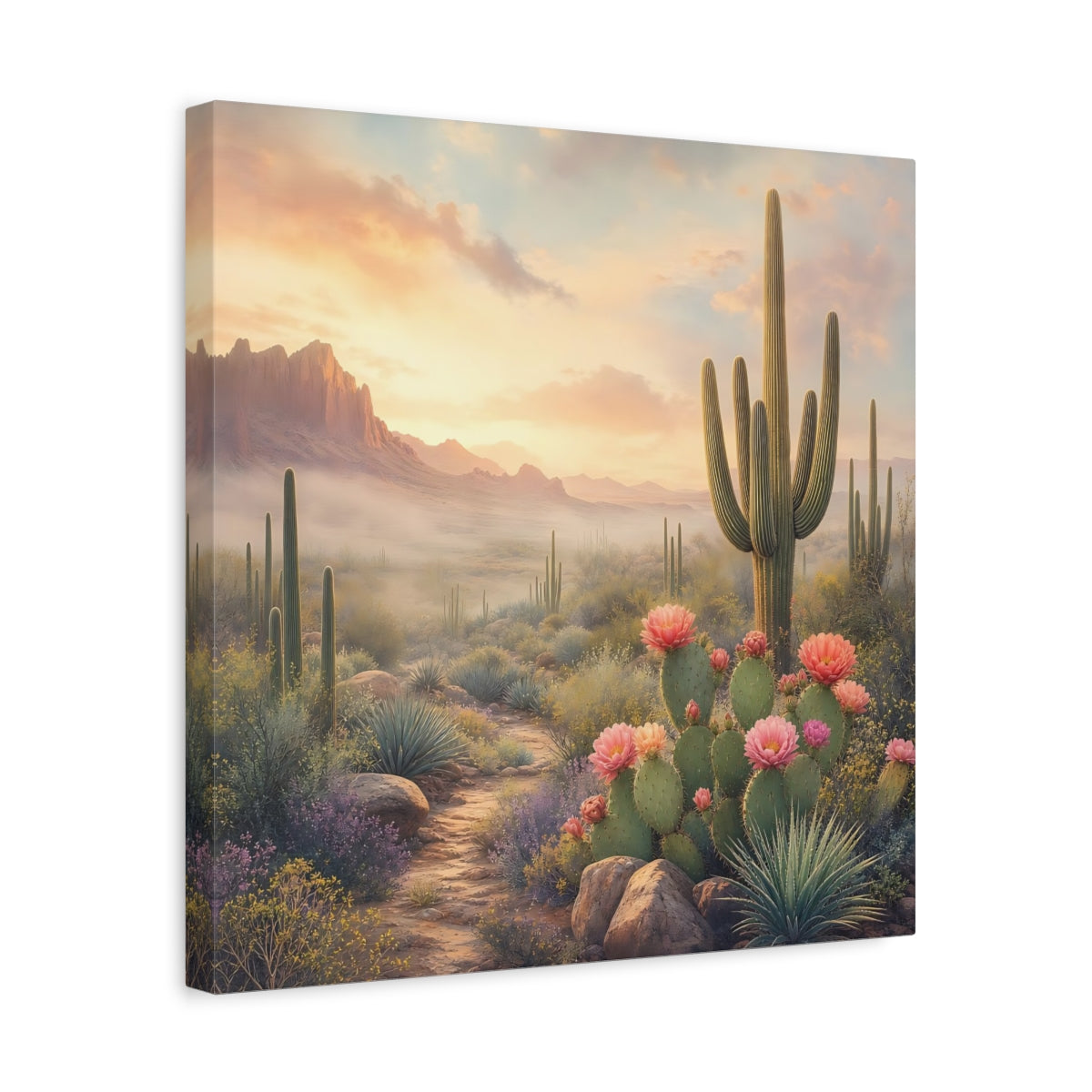 Side Mockup 6. Nature Cactus Field Desert Sunset shown as stretched canvas wall art