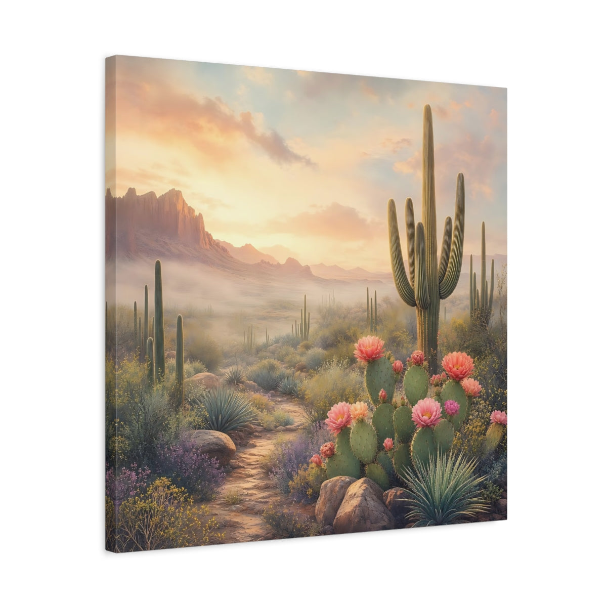 Side Mockup 4. Nature Cactus Field Desert Sunset shown as stretched canvas wall art