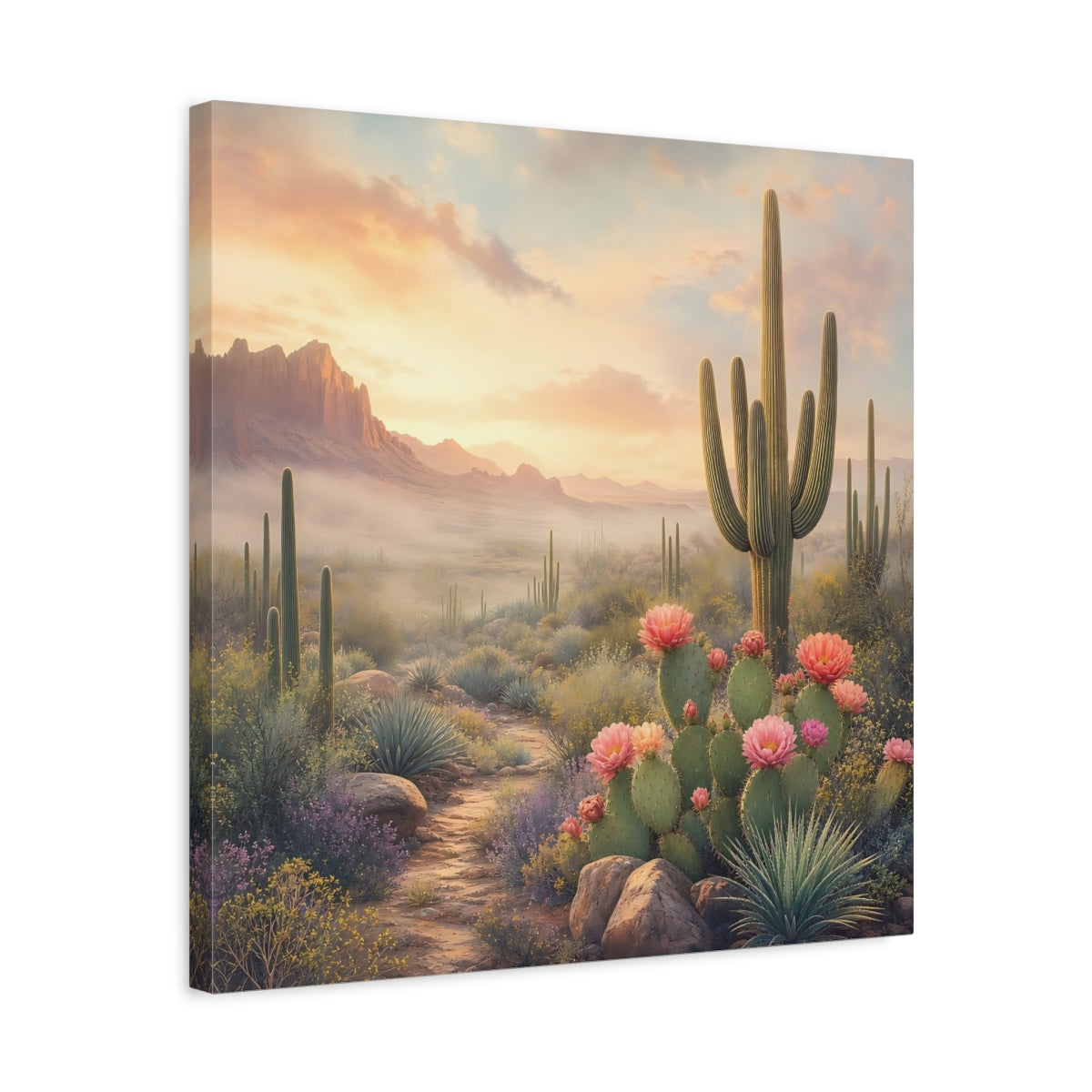 Side Mockup 5. Nature Cactus Field Desert Sunset shown as stretched canvas wall art