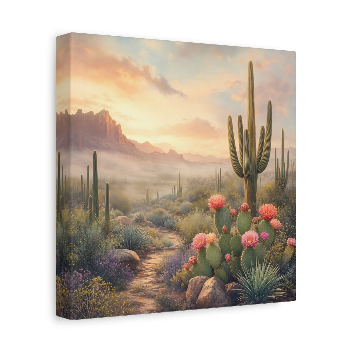 Side Mockup 9. Nature Cactus Field Desert Sunset shown as stretched canvas wall art