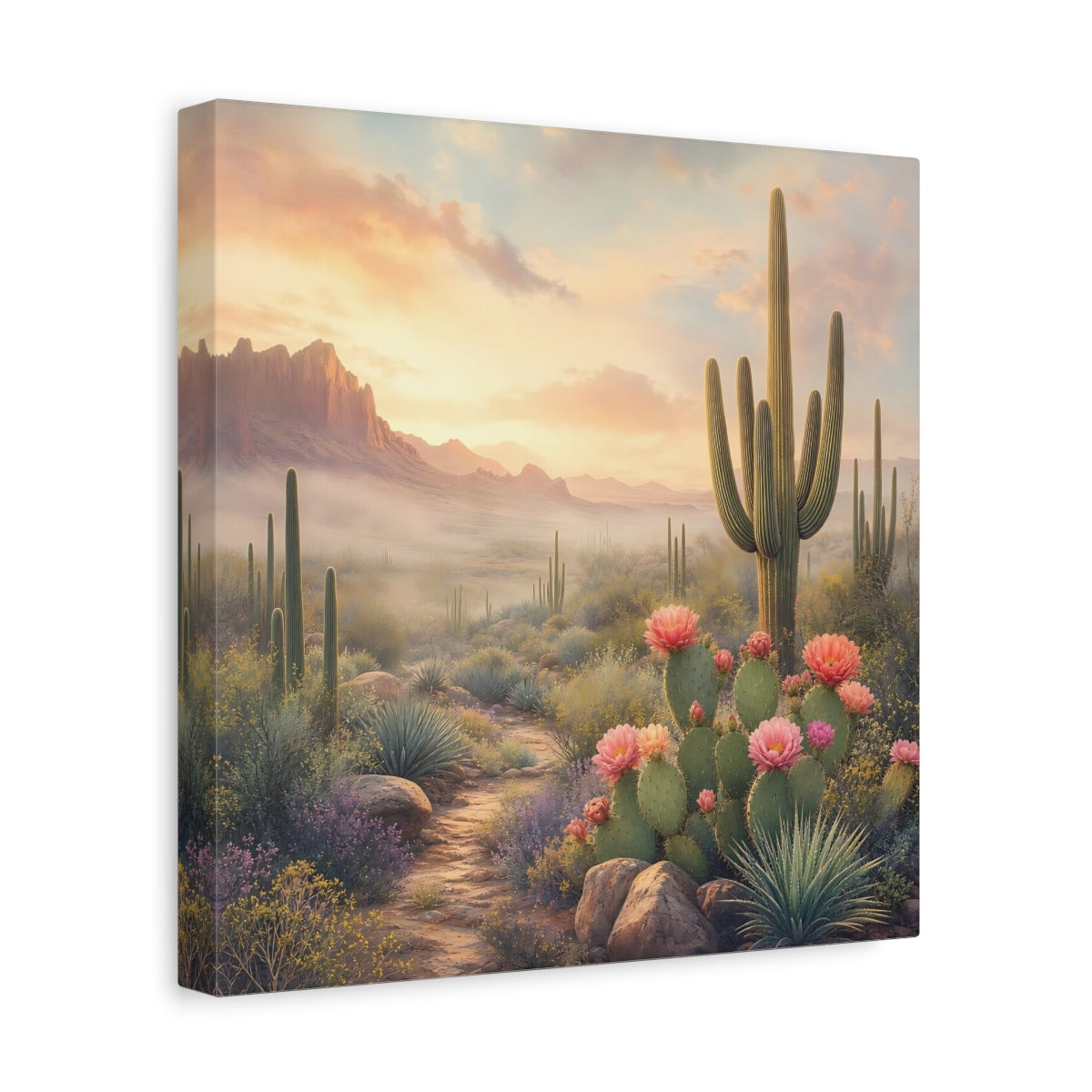 Side Mockup 8. Nature Cactus Field Desert Sunset shown as stretched canvas wall art