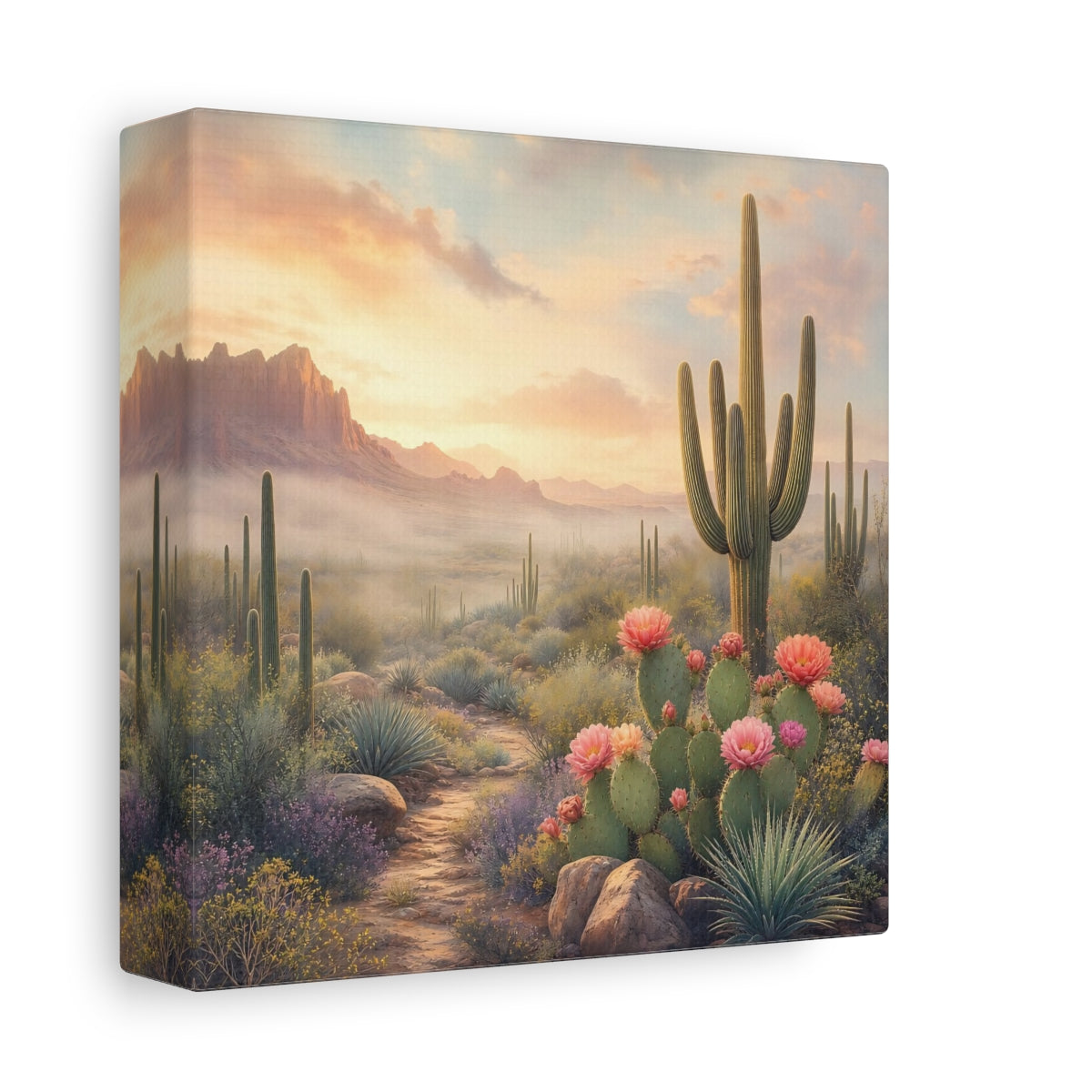 Side Mockup 2. Nature Cactus Field Desert Sunset shown as stretched canvas wall art