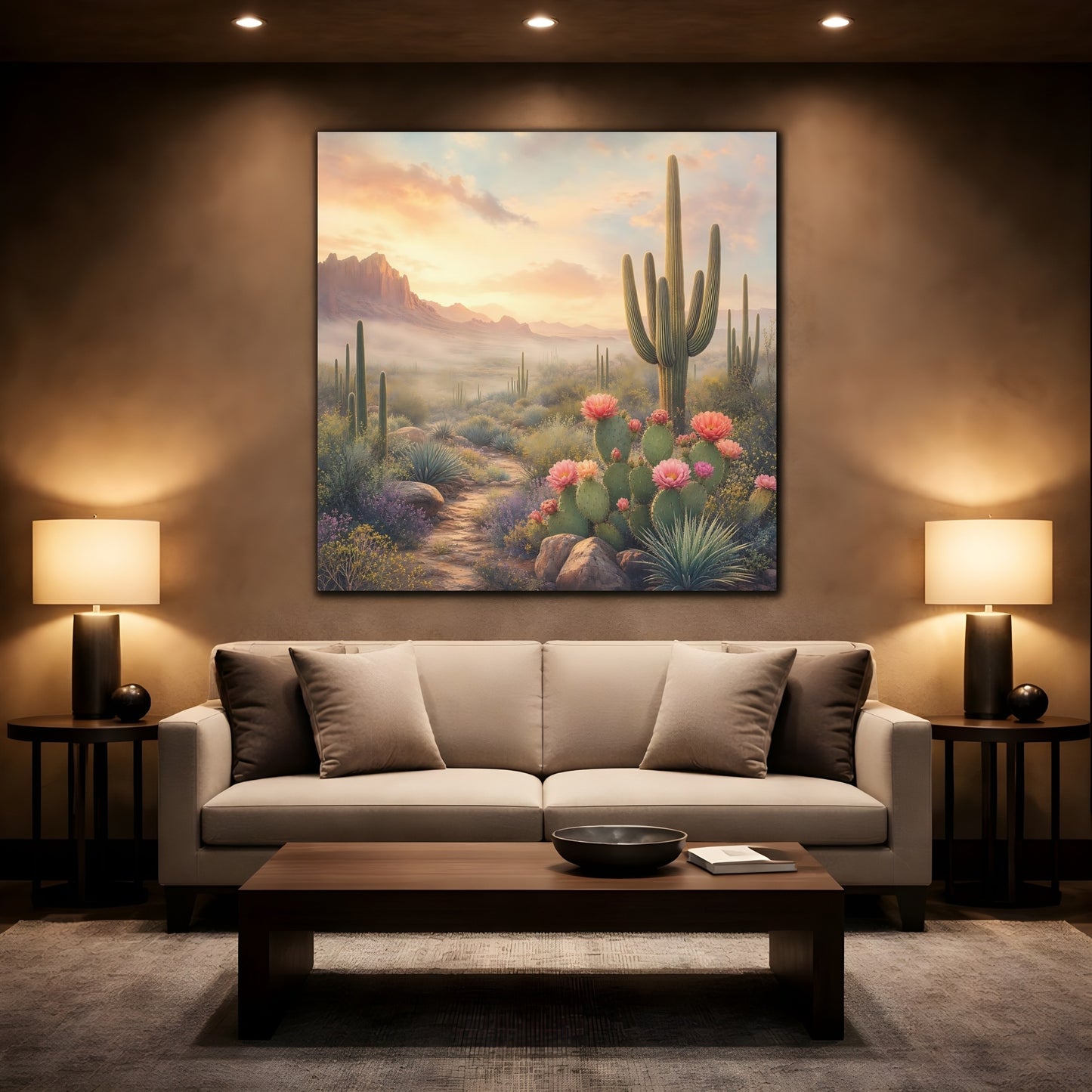 Mockup 2. Nature Cactus Field Desert Sunset shown as stretched canvas wall art