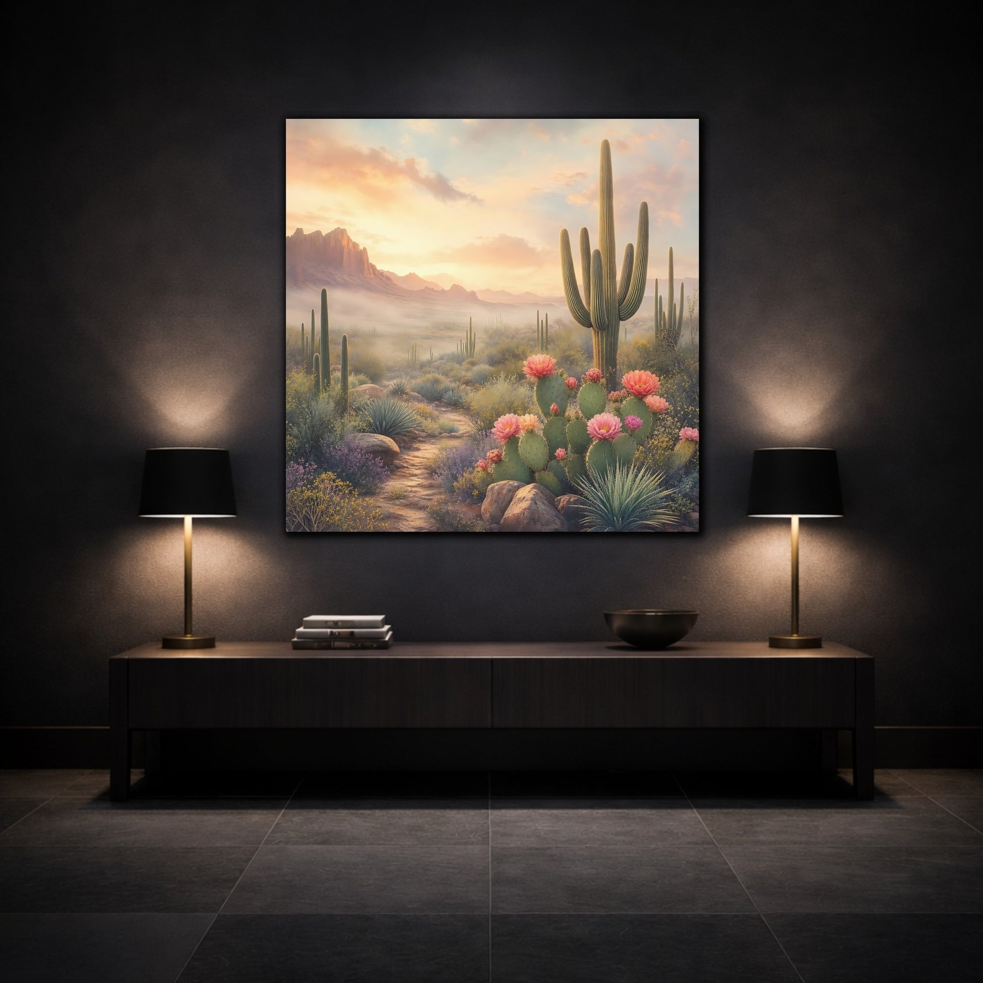 Mockup 3. Nature Cactus Field Desert Sunset shown as stretched canvas wall art