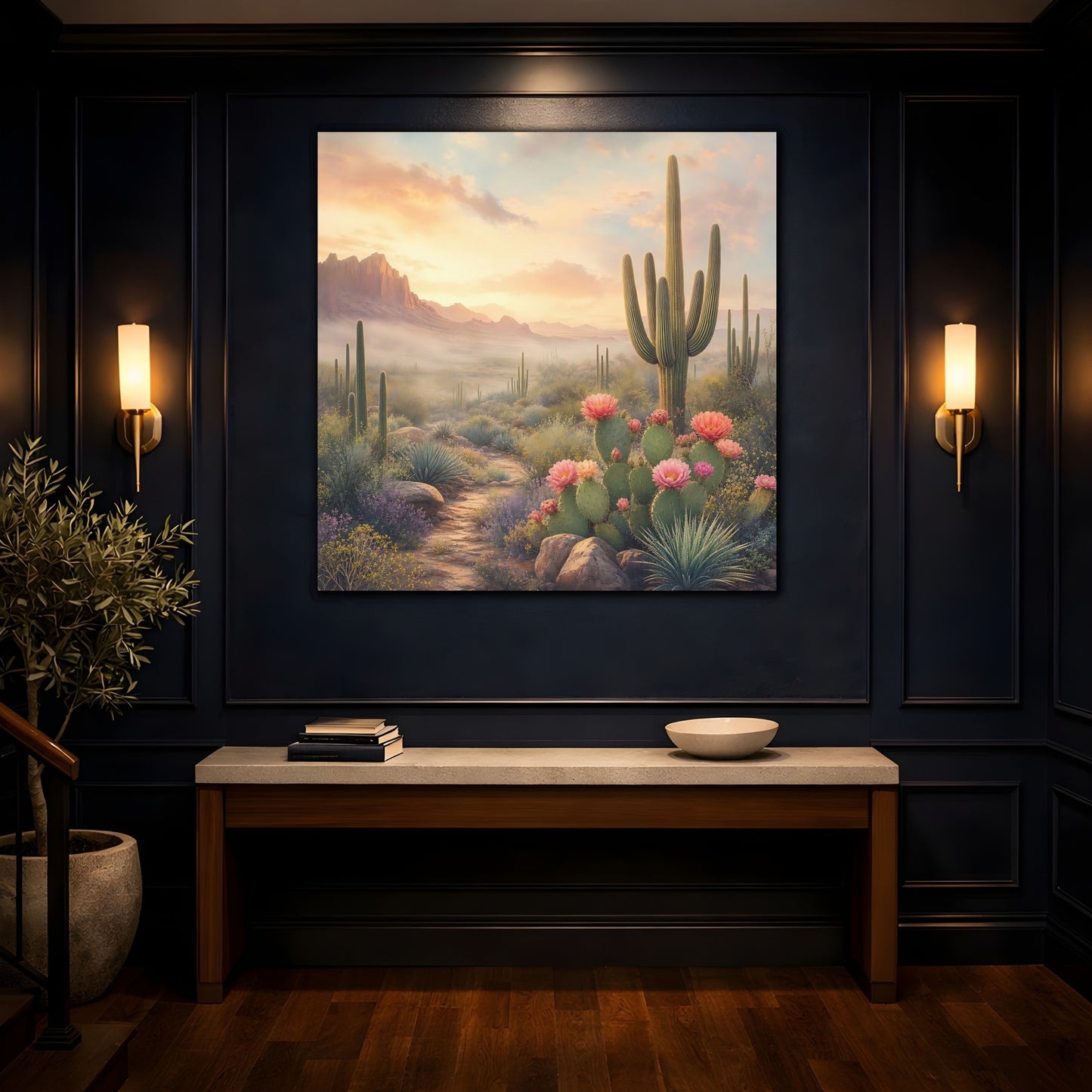Mockup 4. Nature Cactus Field Desert Sunset shown as stretched canvas wall art