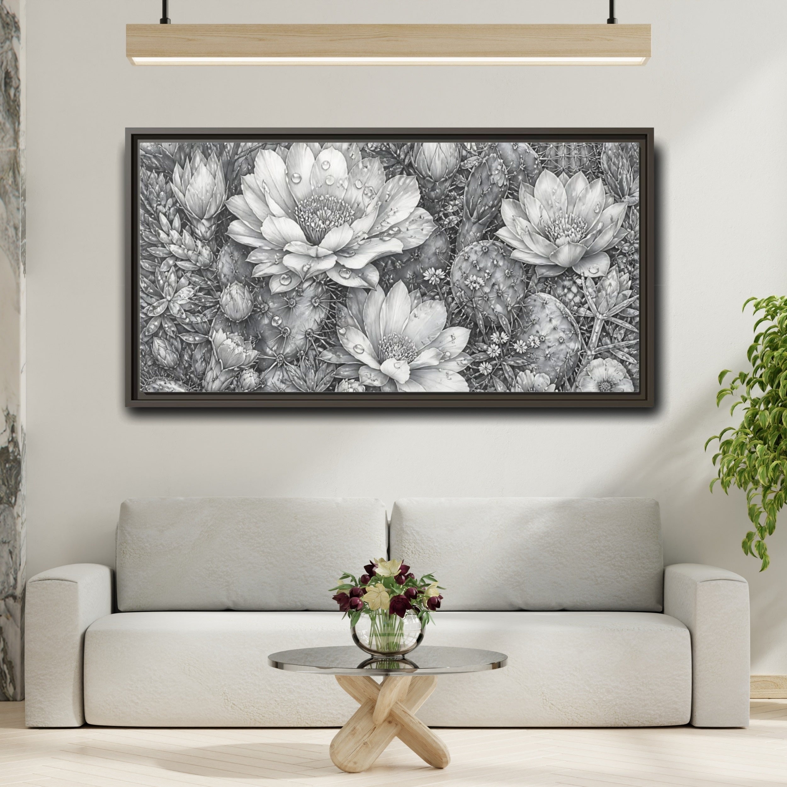 Mockup 2. Nature Cactus Flower Monochrome Cactus shown as stretched canvas wall art