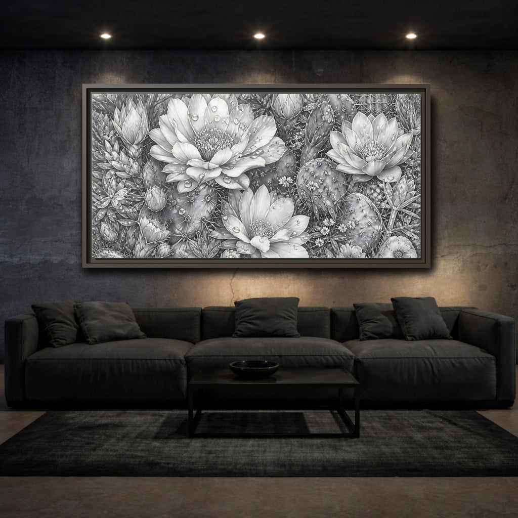 Mockup 3. Nature Cactus Flower Monochrome Cactus shown as stretched canvas wall art