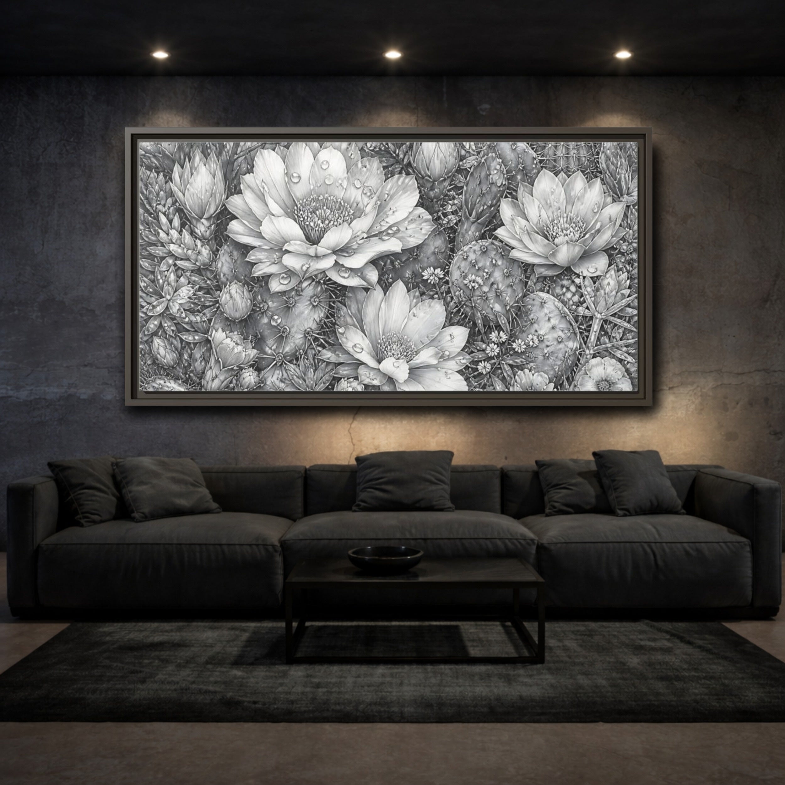 Mockup 3. Nature Cactus Flower Monochrome Cactus shown as stretched canvas wall art