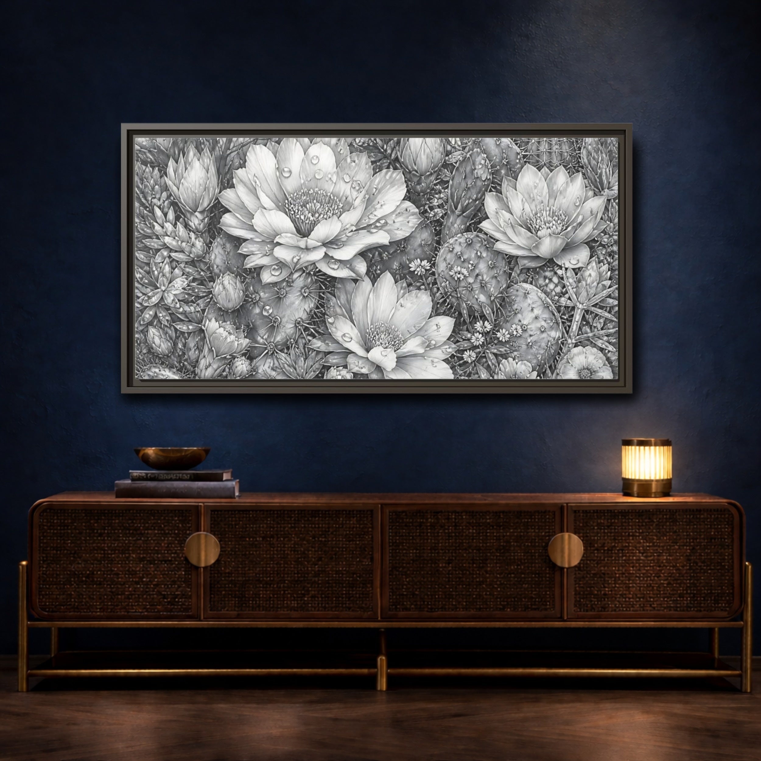 Mockup 4. Nature Cactus Flower Monochrome Cactus shown as stretched canvas wall art